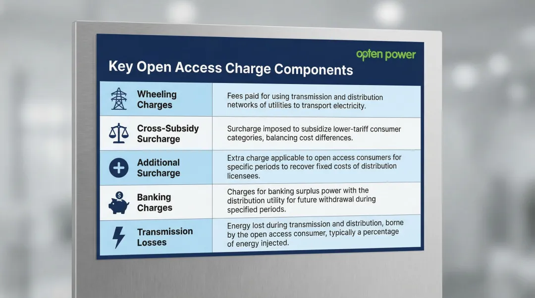 Five open access solar charge components comparison table infographic India