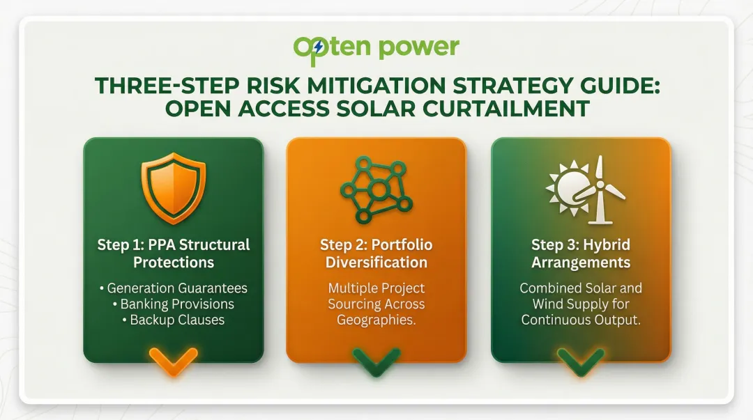 Three open access solar curtailment risk mitigation strategies process infographic