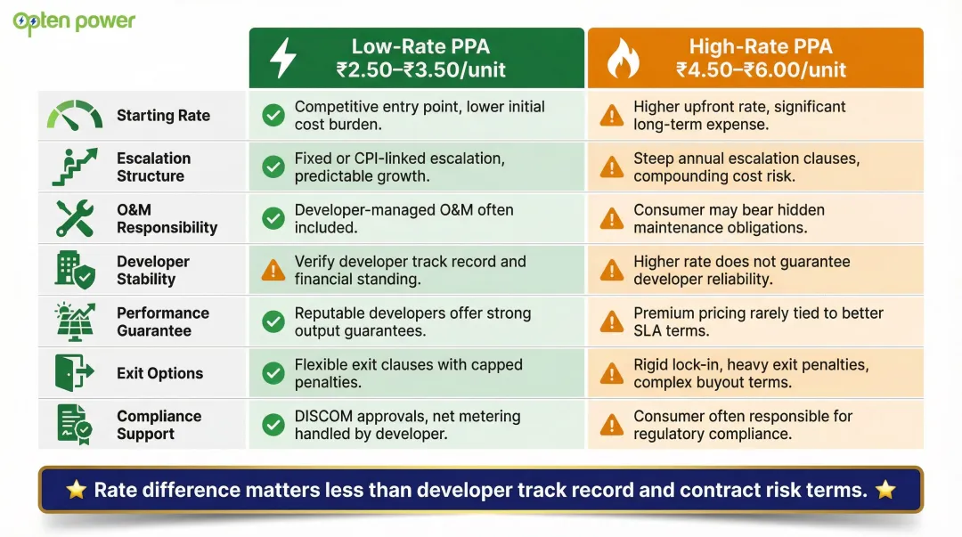 Low-rate versus high-rate commercial solar PPA side-by-side comparison key dimensions