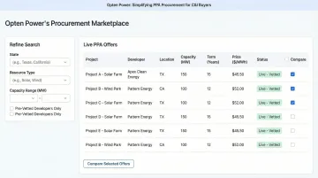 Opten Power marketplace dashboard displaying live PPA offers across multiple Indian states
