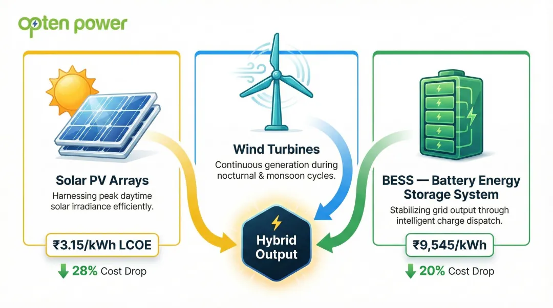 Three core hybrid renewable energy system components solar wind and BESS