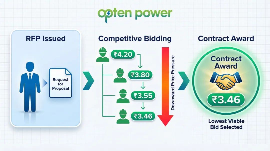 Reverse auction price discovery process flow showing competitive developer bidding rounds