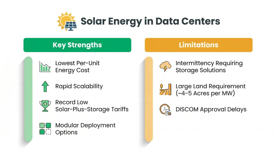 Solar energy strengths and limitations for data center deployment comparison infographic