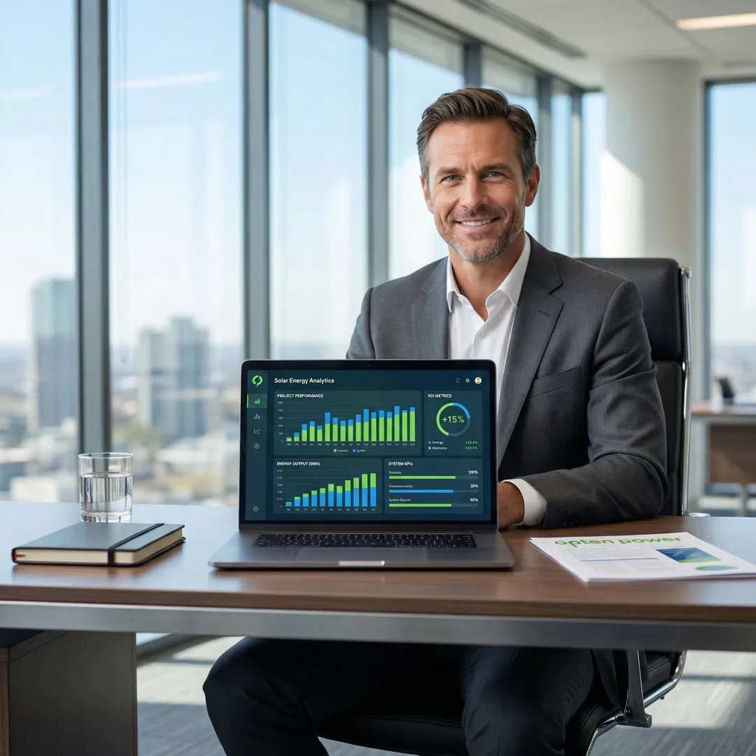 Business professional reviewing solar energy procurement efficiency analytics on a laptop dashboard