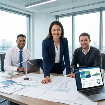 Wind energy project development team reviewing offshore wind site plans and data analytics