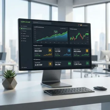 Asset optimization software dashboard for renewable energy trading showing portfolio analytics and deal management