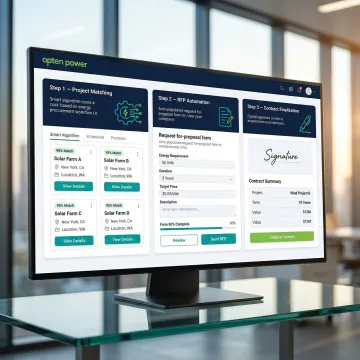 Step-by-step renewable energy procurement process shown on a digital platform interface