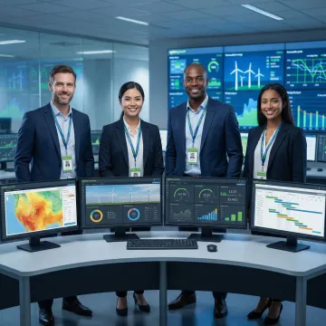 Government energy procurement specialists reviewing renewable energy project data on digital dashboards