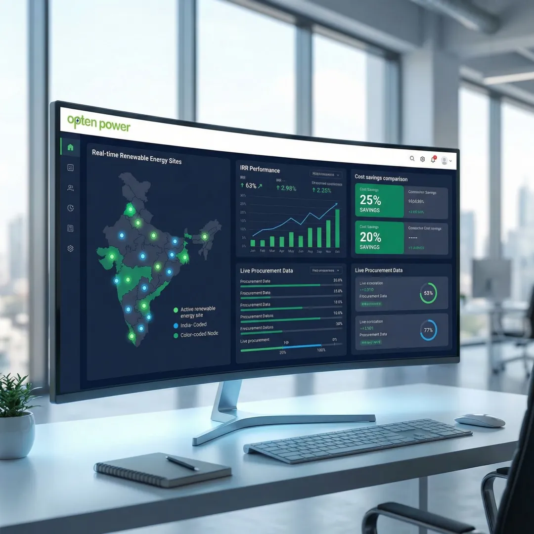 Energy management dashboard showing renewable procurement analytics and solar wind project data