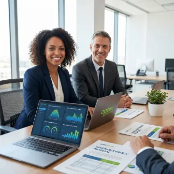 Energy procurement professionals reviewing renewable energy RFP proposals on a digital platform dashboard