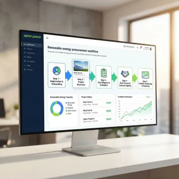Step-by-step energy procurement process on a software platform showing project matching and RFP automation
