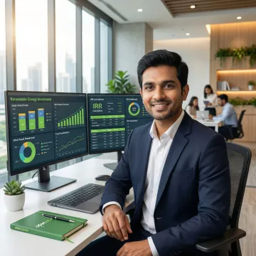 Financial analyst reviewing renewable energy investment analytics and IRR calculations
