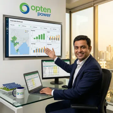 Energy advisor reviewing solar project data on a dashboard with charts and maps showing India renewable energy coverage