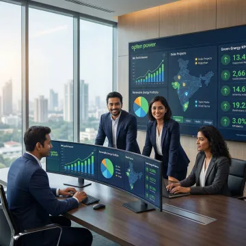 Alternative asset managers reviewing renewable energy investment dashboards and project portfolios