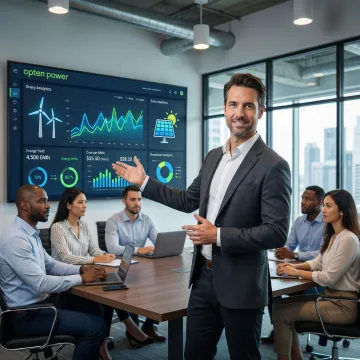 Energy advisor presenting renewable procurement analytics on digital dashboard to data center team