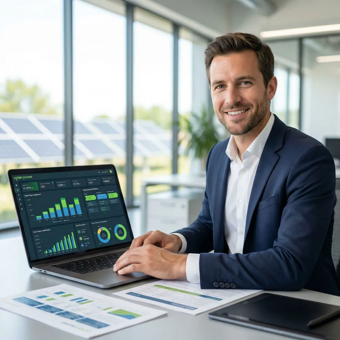Business professional reviewing greenfield solar project analytics and deal workflow on a digital platform