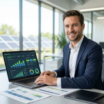 Business professional reviewing greenfield solar project analytics and deal workflow on a digital platform