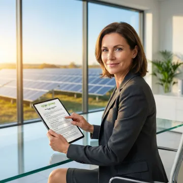 Business professional reviewing solar energy contract documents on a digital tablet