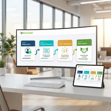 Step-by-step energy RFP workflow on Opten Power platform showing project matching and tender management
