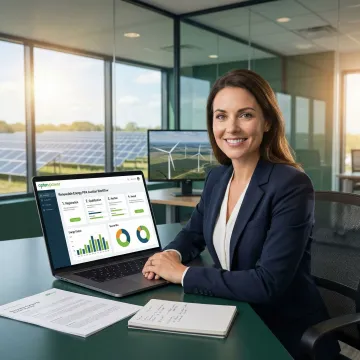 Business professional reviewing PPA auction steps on a digital platform with renewable energy data