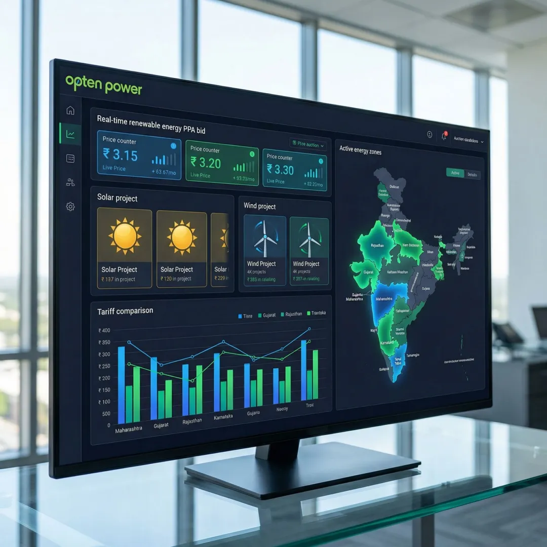 PPA auction platform dashboard showing renewable energy project bids across Indian states