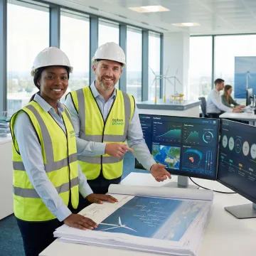 Wind energy project development process with engineers reviewing offshore plans