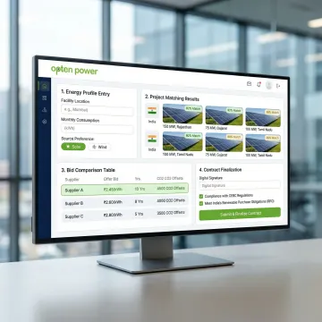 Step-by-step renewable energy procurement workflow shown on a digital platform interface