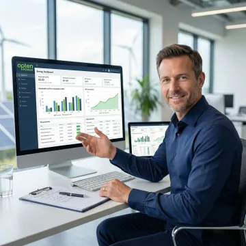 Energy consultant reviewing renewable energy RFP bids on a digital platform dashboard