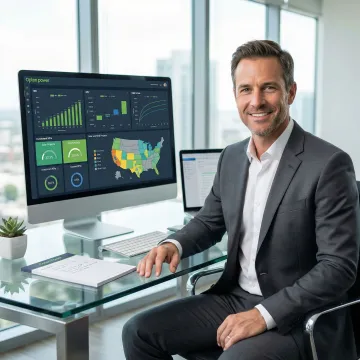 Business analyst reviewing renewable energy investment data on a multi-screen software platform