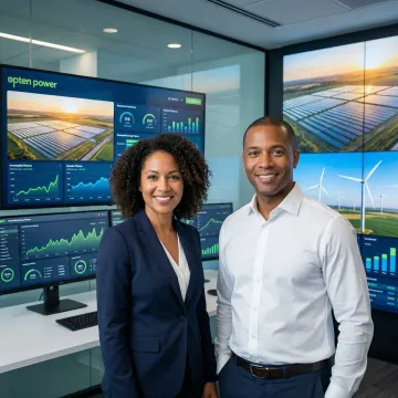 Renewable energy finance professionals reviewing solar and wind project investment data on a digital platform dashboard