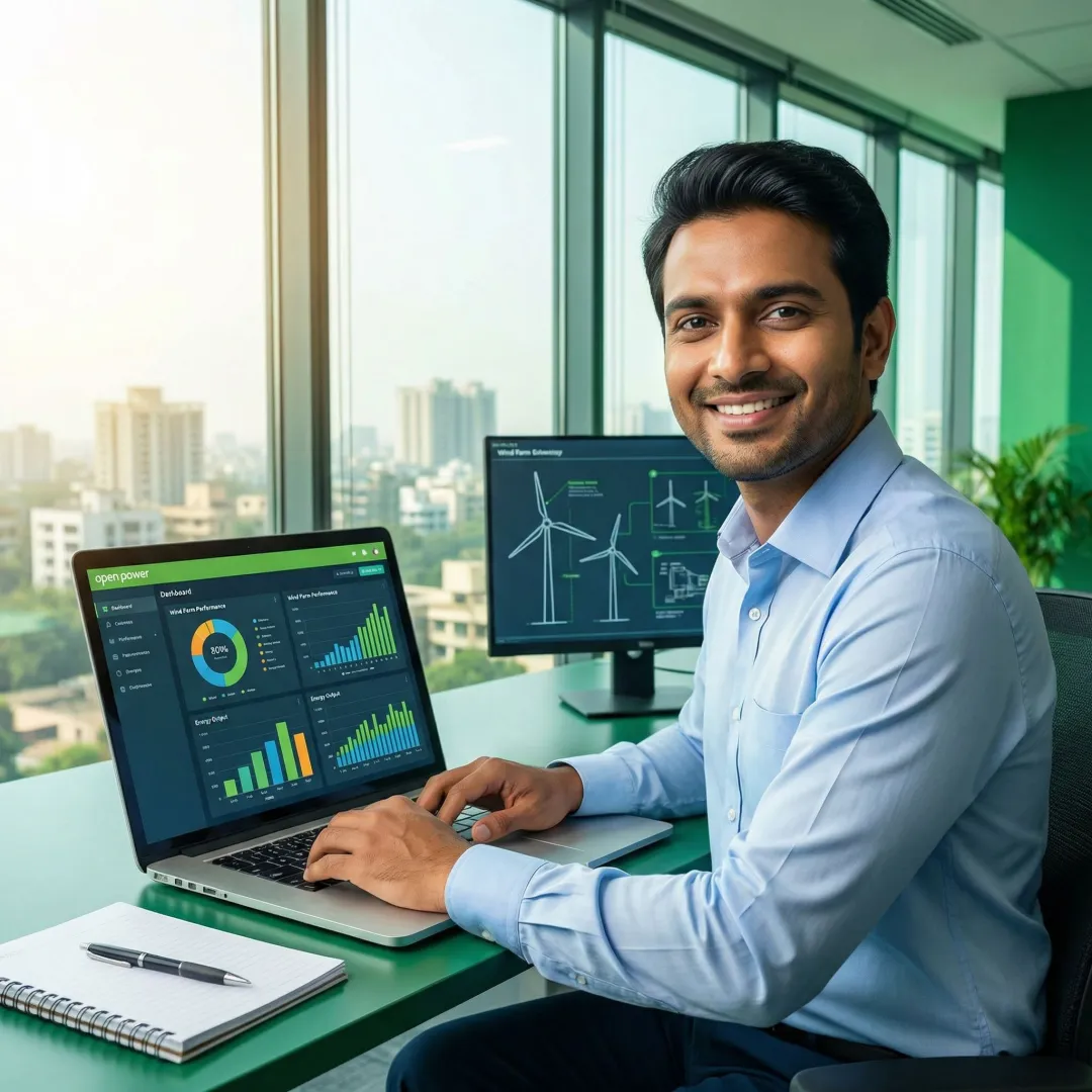 Business professional reviewing wind energy project analytics on a digital dashboard