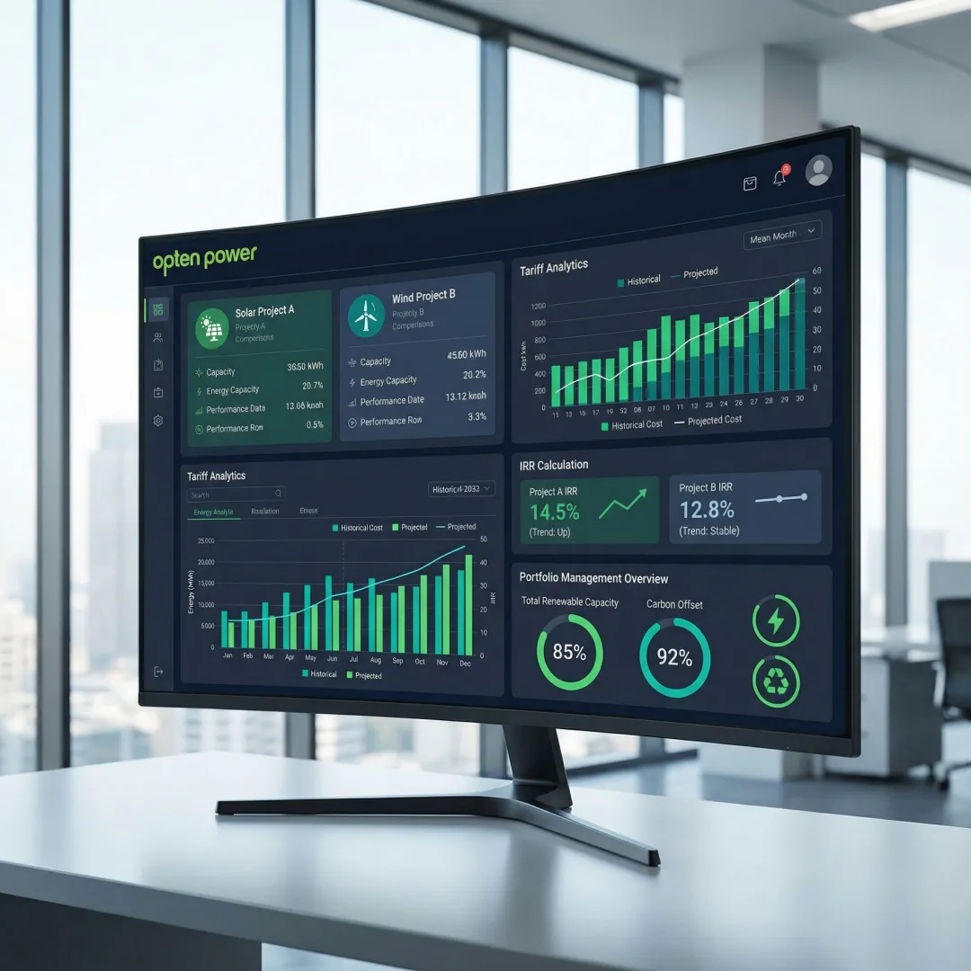 Energy procurement dashboard showing renewable project comparisons and procurement efficiency analytics for industrial buyers