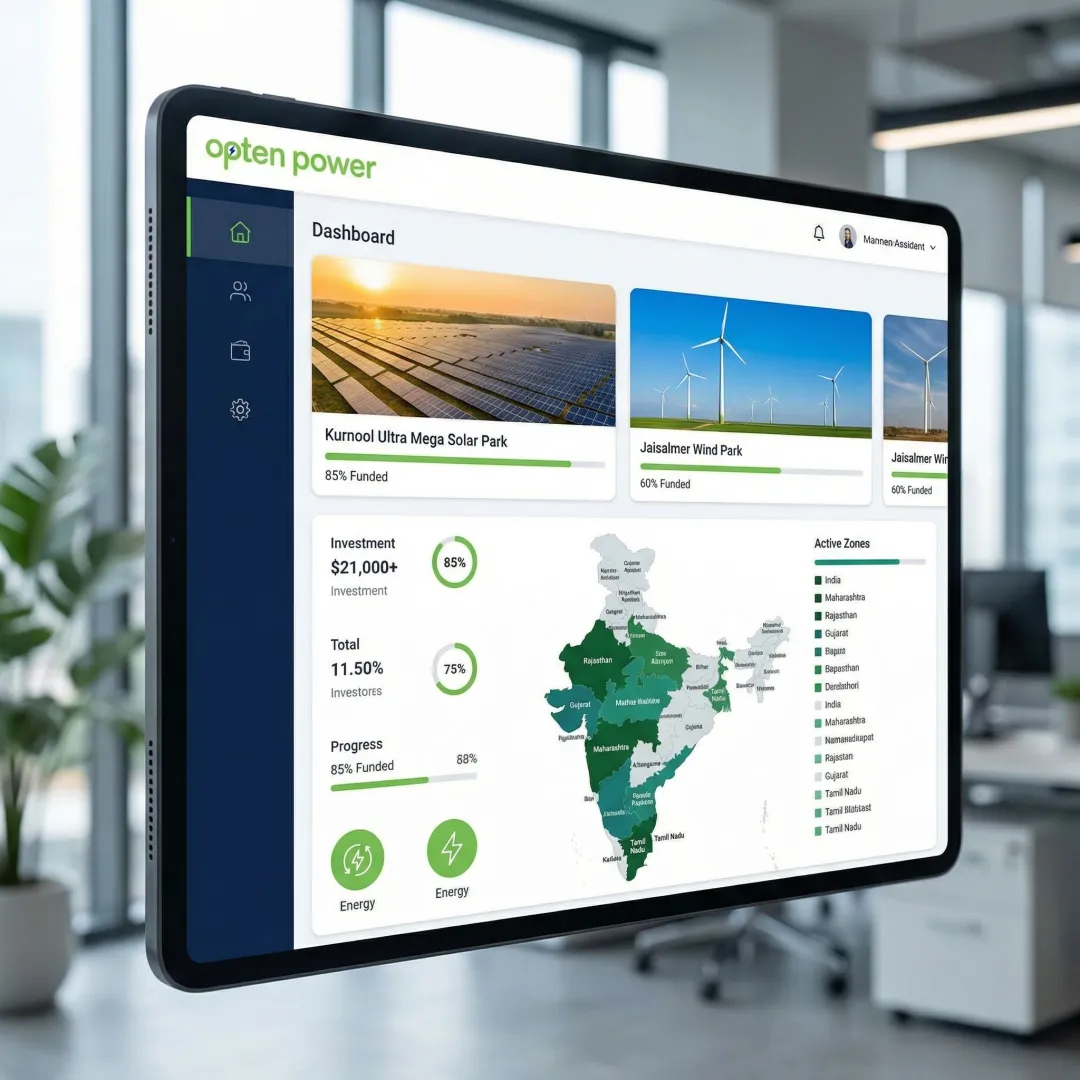 Renewable energy marketplace platform showing solar and wind project listings across India