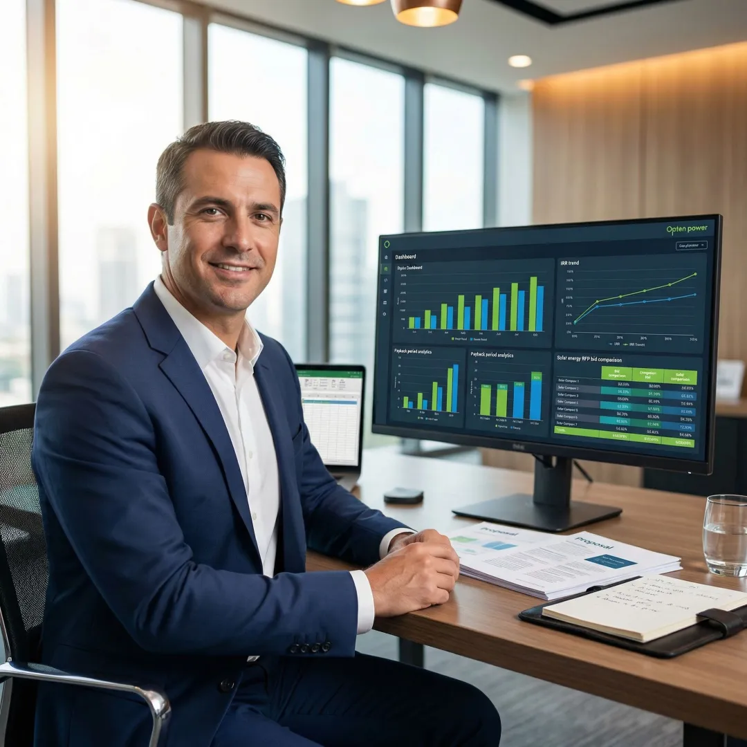 Energy procurement professional using a digital platform to manage solar RFP process