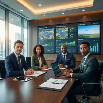 Private equity professionals reviewing renewable energy investment data on a digital platform