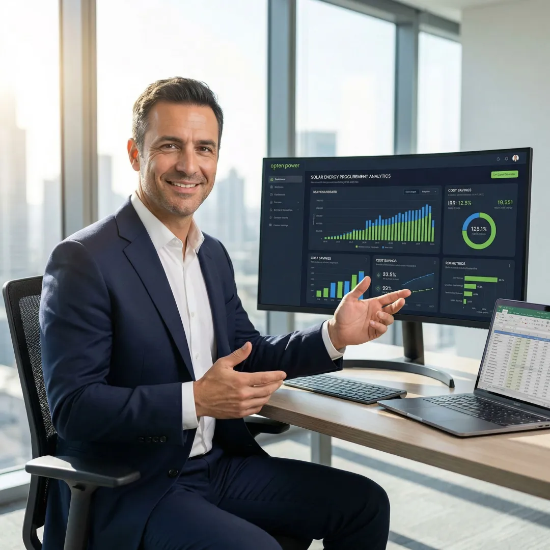 Energy procurement professional using a digital dashboard to compare solar project data