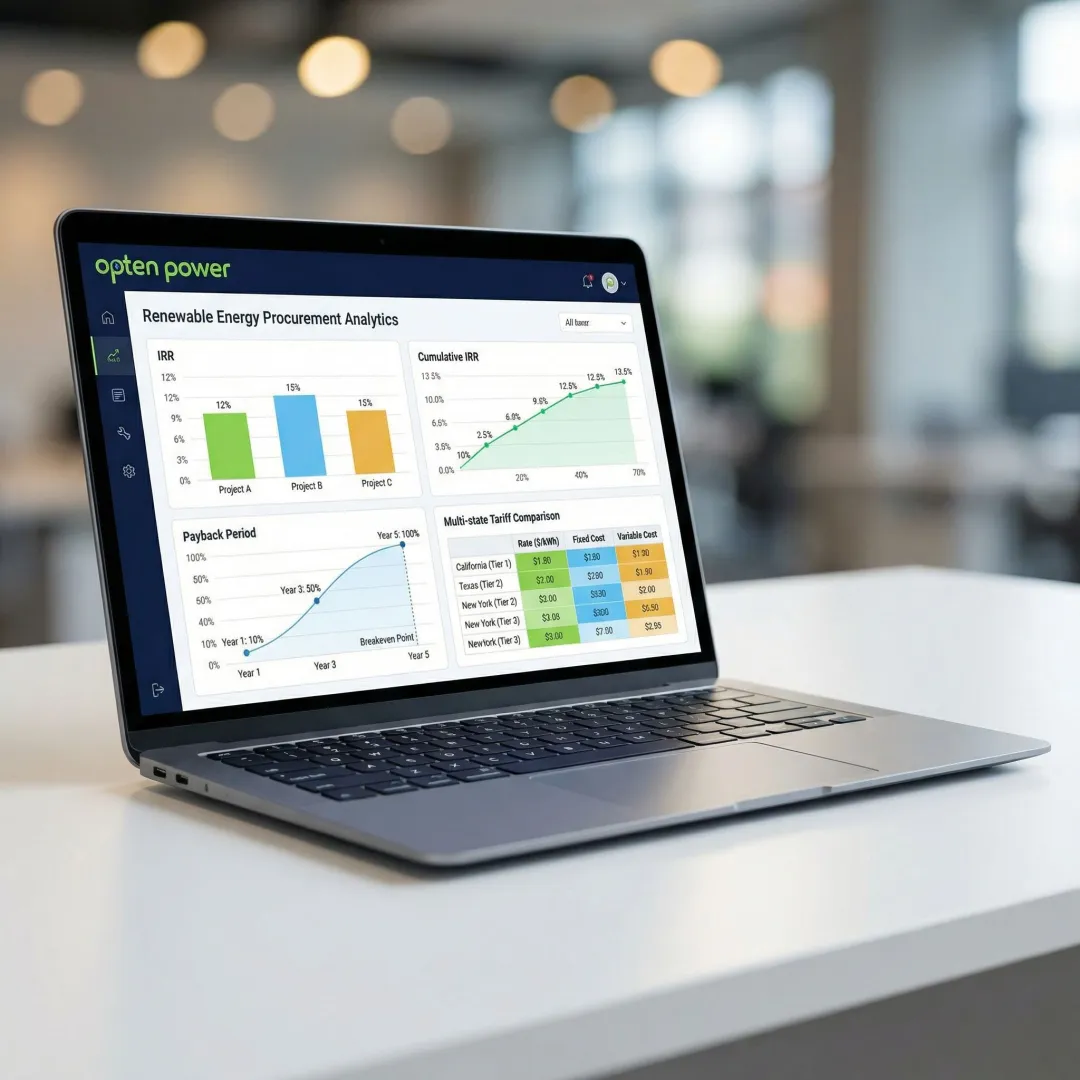 Interactive energy analytics dashboard showing tariff intelligence, viability, and tariff comparison charts for renewable projects