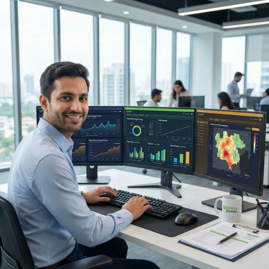 Energy data analyst reviewing renewable energy dashboards with real-time DISCOM pricing and procurement tariff analytics