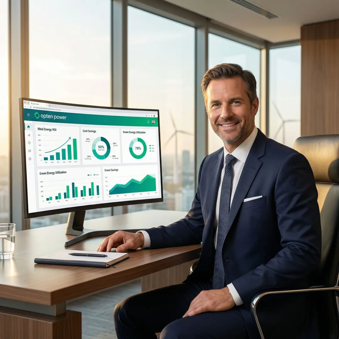 Business professional reviewing wind energy cost savings analytics on a dashboard