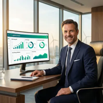 Business professional reviewing wind energy cost savings analytics on a dashboard