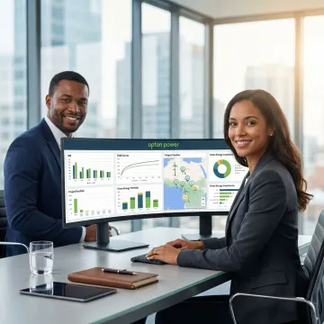 PE fund managers analyzing renewable energy investment data on digital dashboards