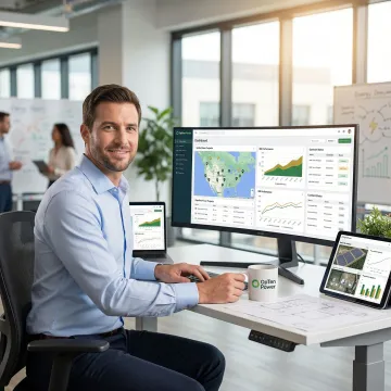 Step-by-step solar asset management process — analyst reviewing energy dashboard with solar project data