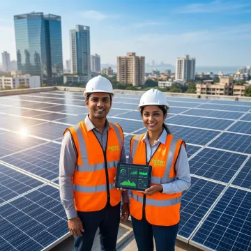 Solar asset management services in Mumbai — commercial rooftop solar panels with city skyline in background