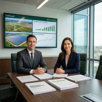 Renewable energy M&A advisory and financial services team reviewing solar and wind asset transaction data