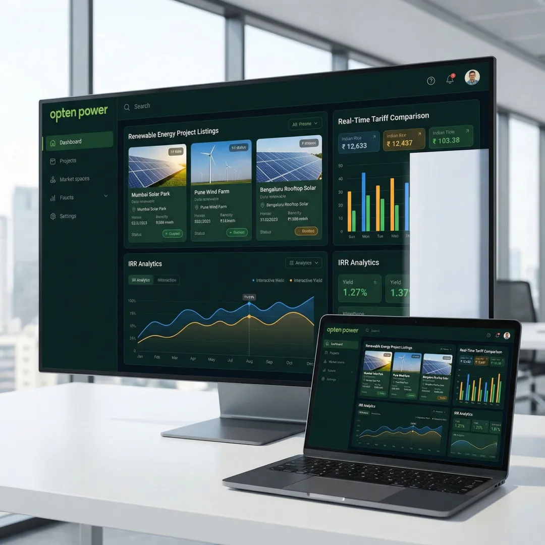 Clean energy procurement software dashboard showing solar and wind project listings across Indian states