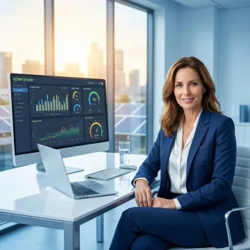 Business professional reviewing renewable energy project data on a digital dashboard platform