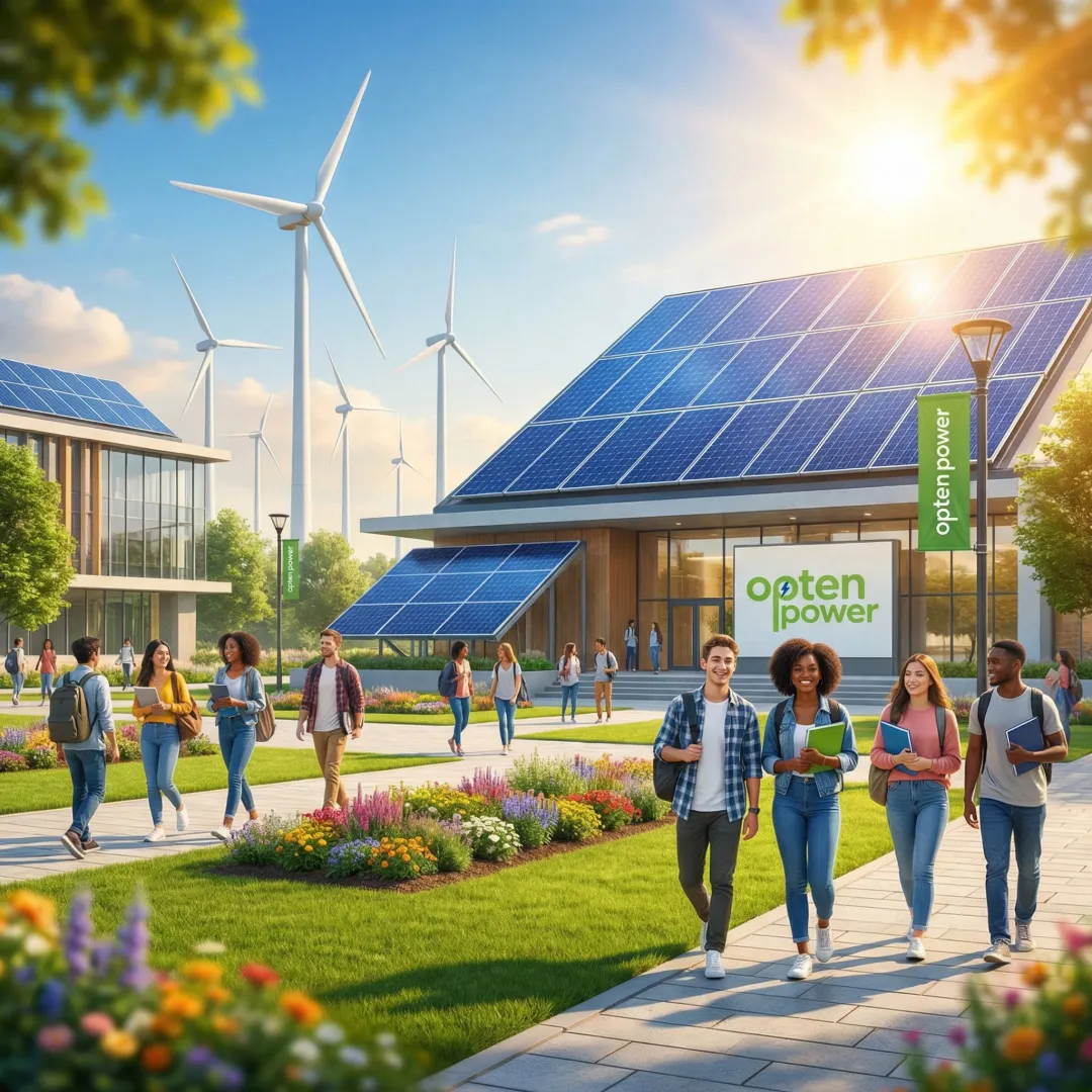 University campus with solar panels and renewable energy infrastructure