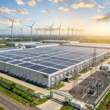 Industrial facility with solar panels and wind turbines representing B2B renewable energy procurement in India