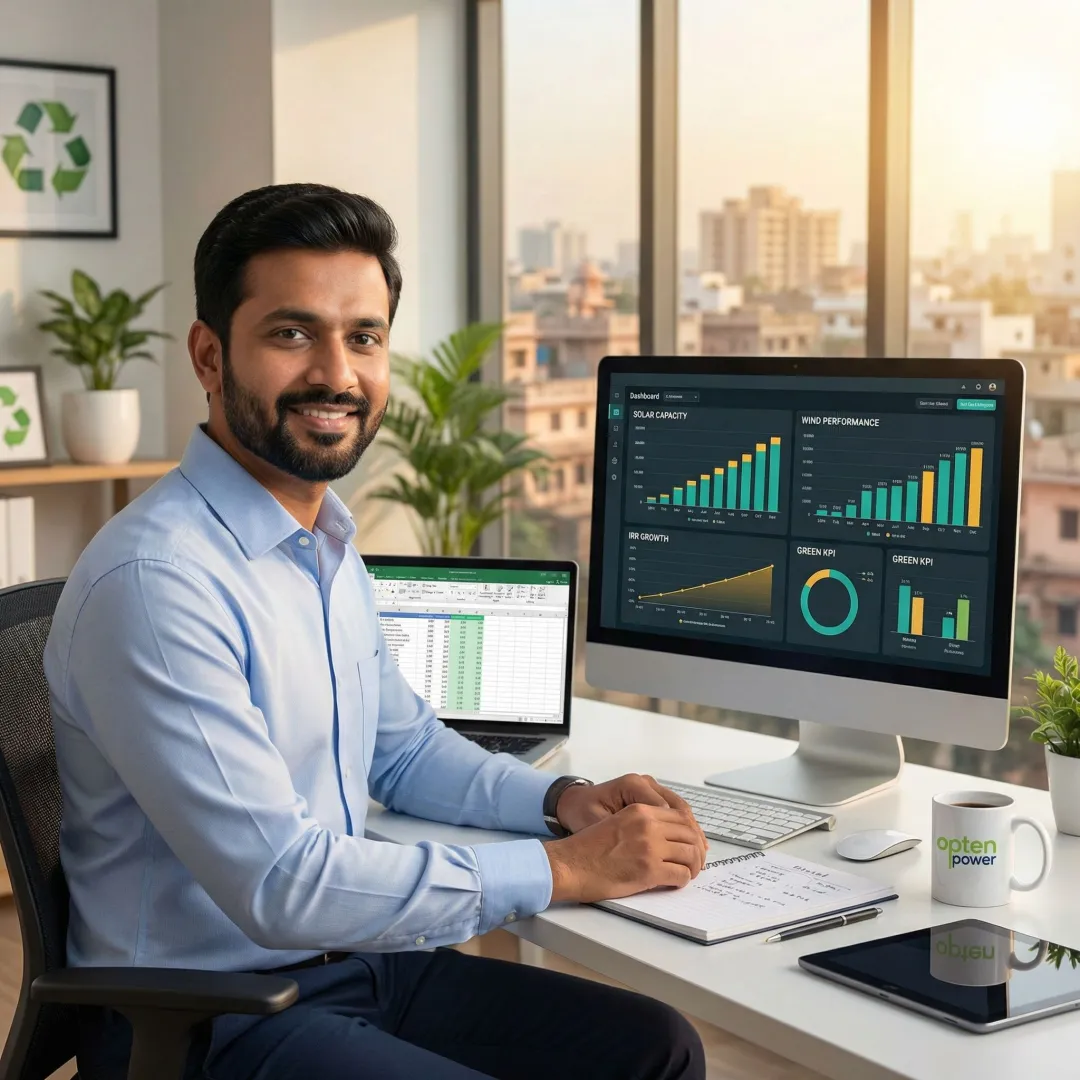 Energy procurement specialist reviewing renewable project data on a digital dashboard
