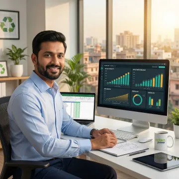 Energy procurement specialist reviewing renewable project data on a digital dashboard